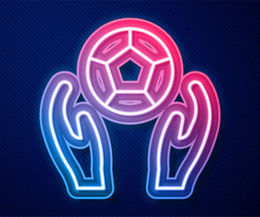 Wall Mural - Glowing neon line Soccer football ball icon isolated on blue background. Sport equipment. Vector