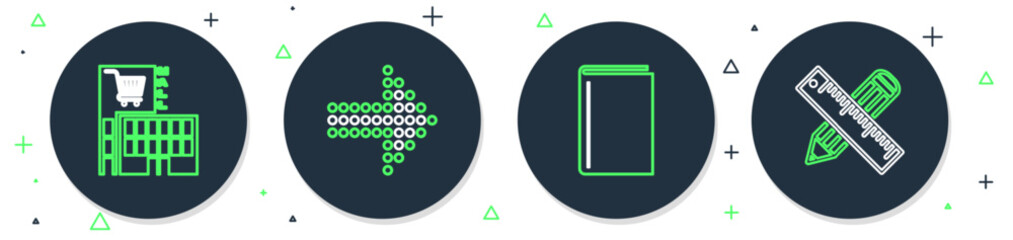 Canvas Print - Set line Dots arrow, Book, Mall or supermarket building and Crossed ruler and pencil icon. Vector