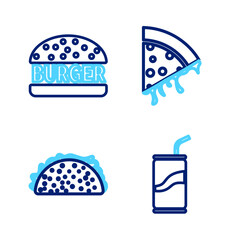 Sticker - Set line Soda can with drinking straw, Taco tortilla, Slice of pizza and Burger icon. Vector