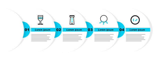 Poster - Set line Round wooden shield, Old keys, Castle tower and Medieval goblet icon. Vector