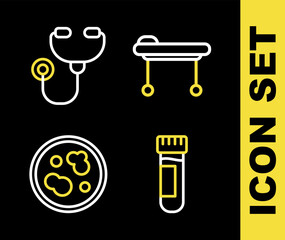 Sticker - Set line Stretcher, Test tube with blood, Petri dish bacteria and Stethoscope icon. Vector