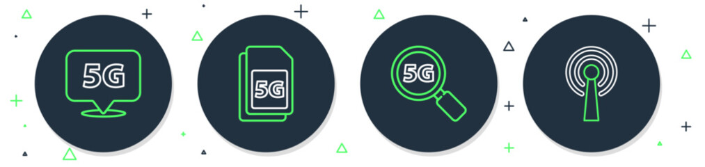 Sticker - Set line 5G Sim Card, Search network, Location and Antenna icon. Vector