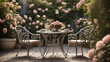 Zauberhaftes Gartenarrangement mit Rosen und filigranem Metalltisch in privater Oase