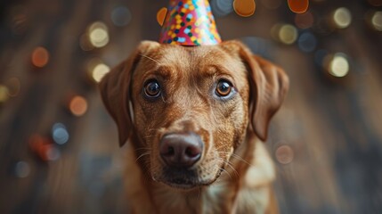 Wall Mural - dog in front of the camera in a festive birthday cap 