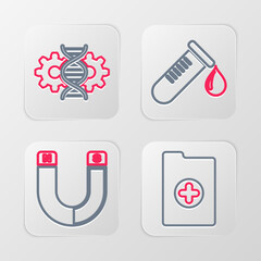 Sticker - Set line Clinical record, Magnet, Test tube with drop of blood and Gene editing icon. Vector