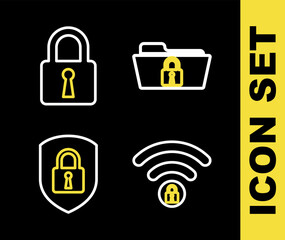 Sticker - Set line Folder and lock, Wifi locked, Shield security with and Lock icon. Vector