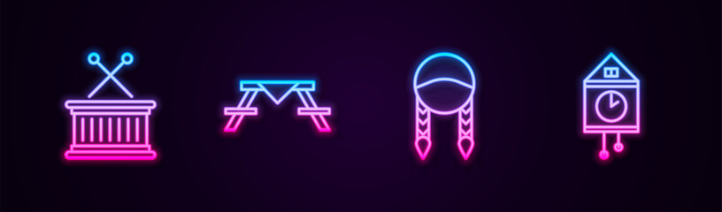 Sticker - Set line Musical drum and sticks, Picnic table with benches, Braid and Retro wall watch. Glowing neon icon. Vector