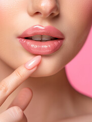 Wall Mural - Close up view of young beautiful caucasian woman face over pink background. Lips contouring, SPA therapy, skincare, cosmetology and plastic surgery concept