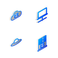 Poster - Set Isometric line Computer network, Cloud mail server, UFO flying spaceship and Mail icon. Vector