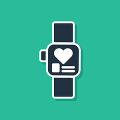 Canvas Print - Blue Smart watch showing heart beat rate icon isolated on green background. Fitness App concept. Vector