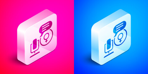 Poster - Isometric Microphone icon isolated on pink and blue background. On air radio mic microphone. Speaker sign. Silver square button. Vector