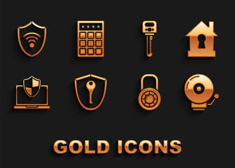 Sticker - Set Shield with key, House under protection, Ringing alarm bell, Safe combination lock wheel, Laptop protected shield, Key, WiFi wireless internet network and Password and safety access icon. Vector