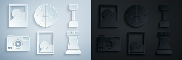 Poster - Set Picture landscape, Dumbbell, Photo camera, Chess symbol, Basketball ball and frames icon. Vector