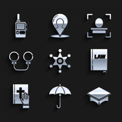 Poster - Set Hexagram sheriff, Umbrella, Graduation cap, Law book, Oath the Holy Bible, Handcuffs, Face recognition and Walkie talkie icon. Vector