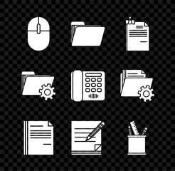 Sticker - Set Computer mouse, Document folder, File document and binder clip, Blank notebook pencil with eraser, Pencil case stationery, Folder settings gears and Telephone icon. Vector