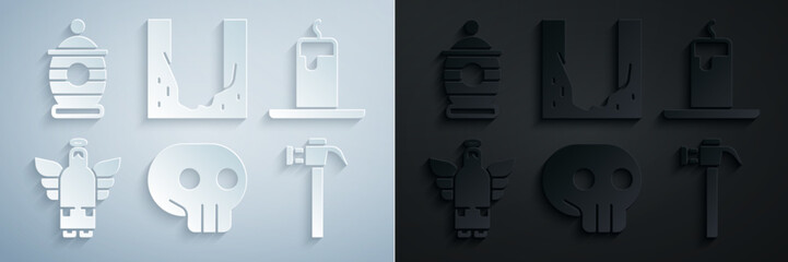 Poster - Set Skull, Burning candle, Christmas angel, Hammer, Cemetery digged grave hole and Funeral icon. Vector