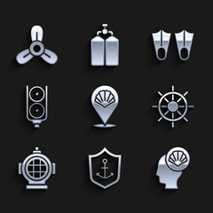 Sticker - Set Scallop sea shell, Anchor inside shield, Ship steering wheel, Aqualung, Gauge scale, Rubber flippers and Boat propeller, turbine icon. Vector