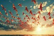 Breathtaking swarm of birds flapping under a vibrant sunset sky