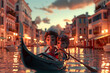 3d animated couple shares a romantic gondola ride in a serene Venice-like setting at dusk