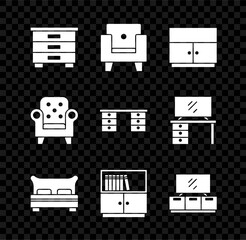 Sticker - Set Furniture nightstand, Armchair, Wardrobe, Big bed, Library bookshelf, TV table, and Office desk icon. Vector