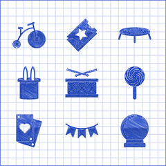 Sticker - Set Drum with drum sticks, Carnival garland flags, Magic ball, Lollipop, Playing card, Magician hat rabbit ears, Jumping trampoline and Vintage bicycle one big wheel one small icon. Vector