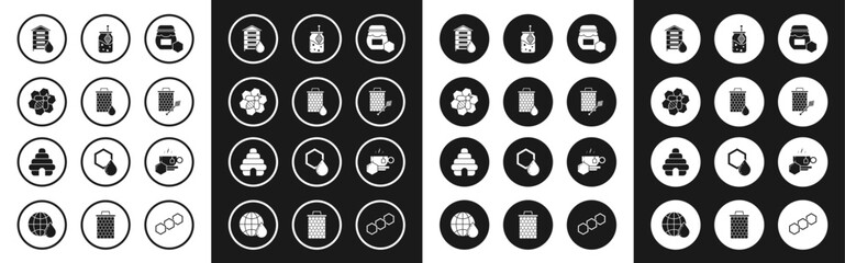 Sticker - Set Jar of honey, Honeycomb, Bee and honeycomb, Hive for bees, with dipper stickicon, Cup tea and icon. Vector