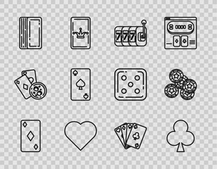 Sticker - Set line Playing card with diamonds symbol, clubs, Slot machine lucky sevens jackpot, heart, Deck of playing cards, spades, and Casino chips icon. Vector