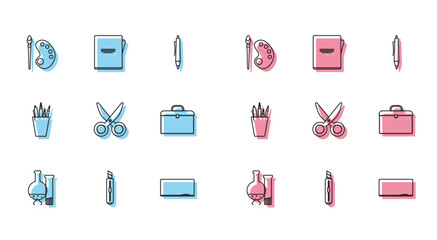 Sticker - Set line Test tube and flask chemical laboratory test, Stationery knife, Paint brush with palette, Chalkboard, Scissors, Briefcase, Pencil stationery and Notebook icon. Vector