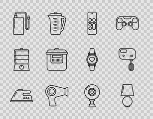 Sticker - Set line Electric iron, Table lamp, Remote control, Hair dryer, Power bank with different charge cable, Slow cooker, Web camera and mixer icon. Vector