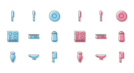 Sticker - Set line Pastry bag for decorate cakes, Sauce boat, Knife, Meat chopper, Electronic scales, Salt and pepper, Gas stove and Spoon icon. Vector