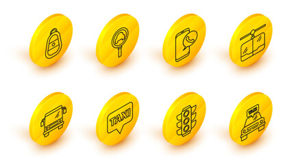 Sticker - Set line Taxi car, Traffic light, Map pointer with taxi, Bus, Cable, call telephone service, Magnifying glass and and Car key remote icon. Vector