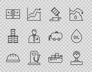 Sticker - Set line Worker safety helmet, Gauge scale, Barrel oil leak, Petrol gas station, Stacks paper money cash, Businessman stock market trader, Oil tanker ship and drop icon. Vector