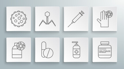 Sticker - Set line Bottle with virus, Bacteria bacteriophage, Medicine pill or tablet, of liquid antibacterial soap, bottle and pills, Syringe, Hand and Virus icon. Vector