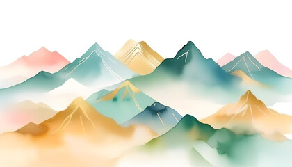 Wall Mural - An abstract watercolor painting of mountains with pastel colors and golden lines