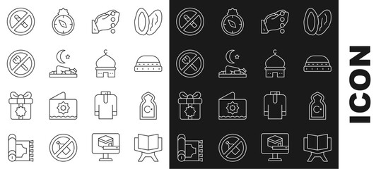 Sticker - Set line Holy book of Koran, Muslim Mosque, hat for prayer, Hands in praying position, man prays, Ramadan fasting, No Smoking and icon. Vector