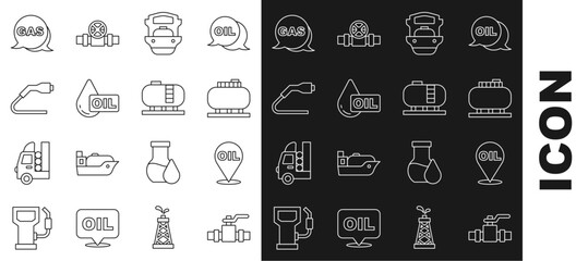 Poster - Set line Metallic pipes and valve, Refill petrol fuel location, Oil tank storage, tanker ship, drop, Electrical cable plug charging, Location gas station and icon. Vector