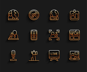 Sticker - Set line Microphone, Antenna, World news, Live report, Information, News and Television icon. Vector