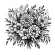 Black and White Drawing Of Abstract Flowers.  Field Flowers Bouquet, Elegance Line Art
