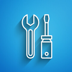 Poster - White line Screwdriver and wrench spanner tools icon isolated on blue background. Service tool symbol. Long shadow. Vector