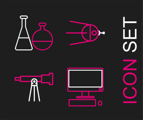 Sticker - Set line Computer monitor with keyboard and mouse, Telescope, Satellite and Test tube flask chemical laboratory icon. Vector