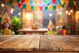Fototapeta Sawanna - Empty wooden table and blurred Mexican fiesta decorations background, For product display.