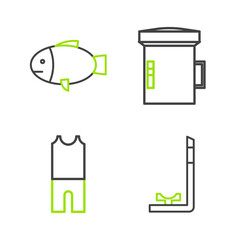 Wall Mural - Set line Snorkel, Wetsuit for scuba diving, Big flashlight diver and Fish icon. Vector