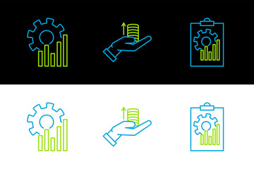 Canvas Print - Set line Clipboard with graph chart, Pie infographic and Money on hand icon. Vector