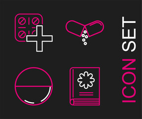 Sticker - Set line Medical book, Medicine pill or tablet, and Pills blister pack icon. Vector