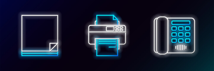 Poster - Set line Telephone, File document and Printer icon. Glowing neon. Vector