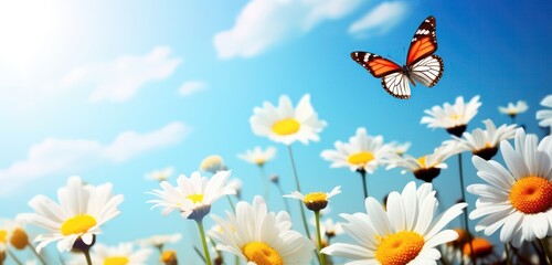 Wall Mural - white cosmos flowers and butterfly in nature in the rays of sunlight, butterfly in morning fog in nature close-up large scale