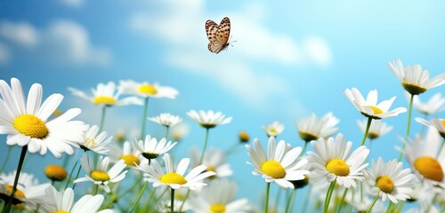 Wall Mural - white cosmos flowers and butterfly in nature in the rays of sunlight, butterfly in morning fog in nature close-up large scale
