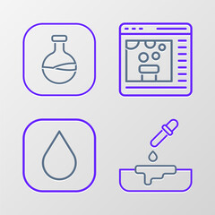 Sticker - Set line Petri dish with pipette, Water drop, Chemical online and Test tube and flask icon. Vector