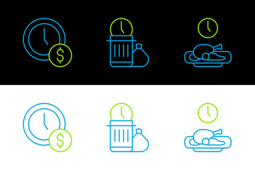 Sticker - Set line Food time, Time is money and Waste of icon. Vector