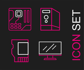 Poster - Set line Computer monitor screen, SD card, Case of computer and Motherboard digital chip icon. Vector